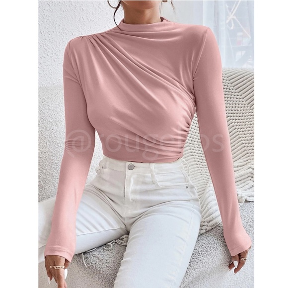 Ruched Asymmetric Pink Long Sleeve Bodysuit Slim Fit Stretchy - Picture 1 of 8